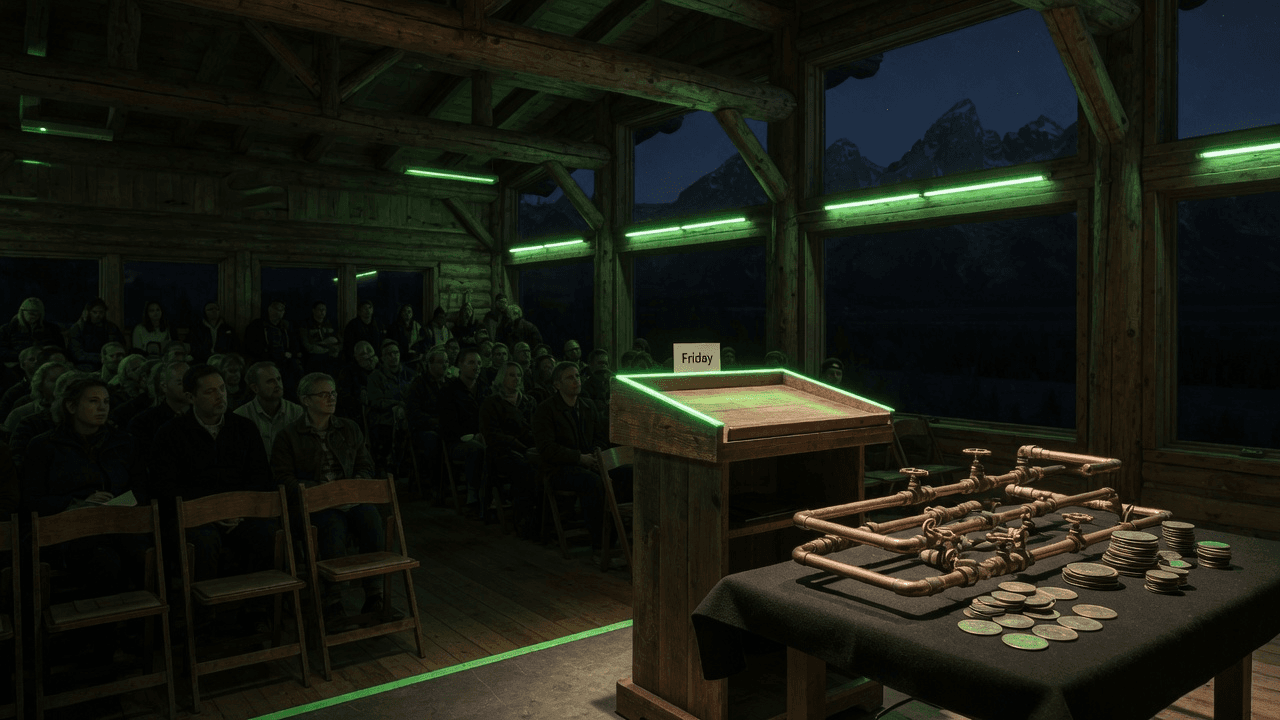 A mountain-lodge auditorium with a Friday card on the lectern and alpine peaks in the windows