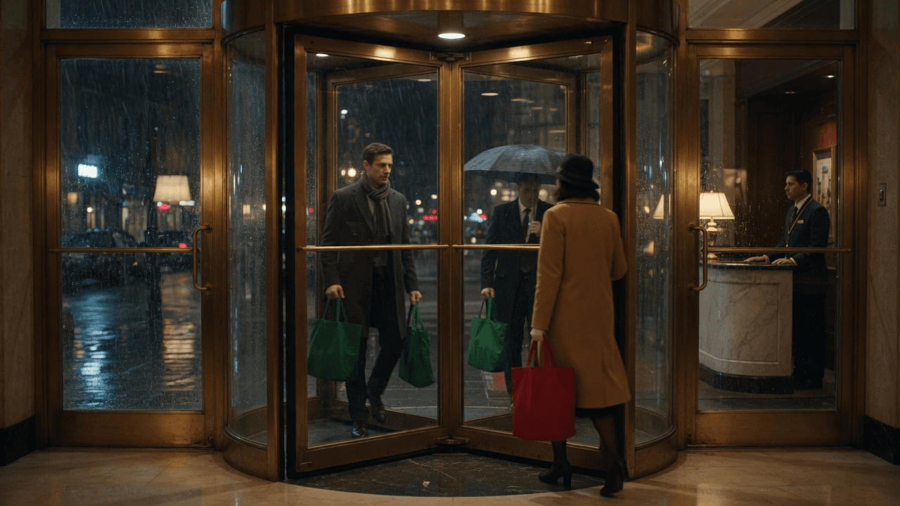 A hotel revolving door spins as guests enter with green bags and leave with a red one