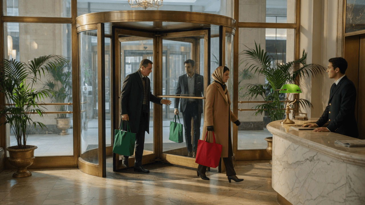 A hotel revolving door spins as guests enter with green bags and leave with a red one