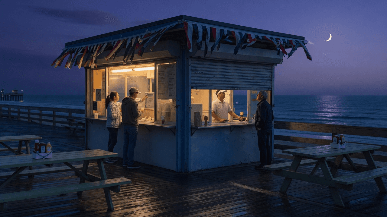 A seaside boardwalk ice cream stand after Labor Day, shutter halfway down with one last customer at the window
