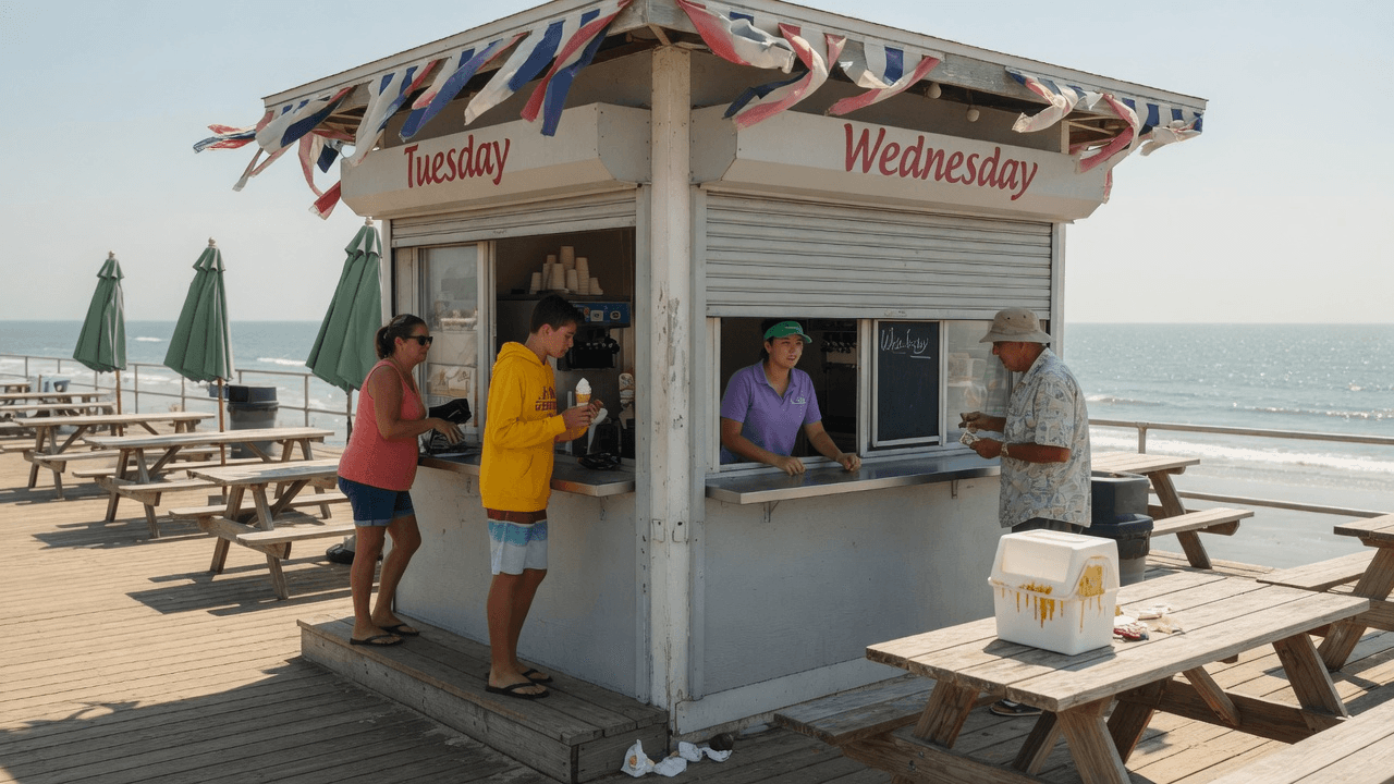 A seaside boardwalk ice cream stand after Labor Day, shutter halfway down with one last customer at the window