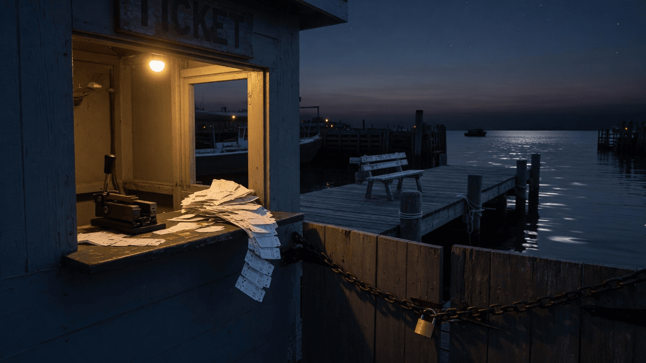 A wooden ferry ticket booth at a quiet dock, extra blank tickets stamped onto the counter, boarding gate chained shut