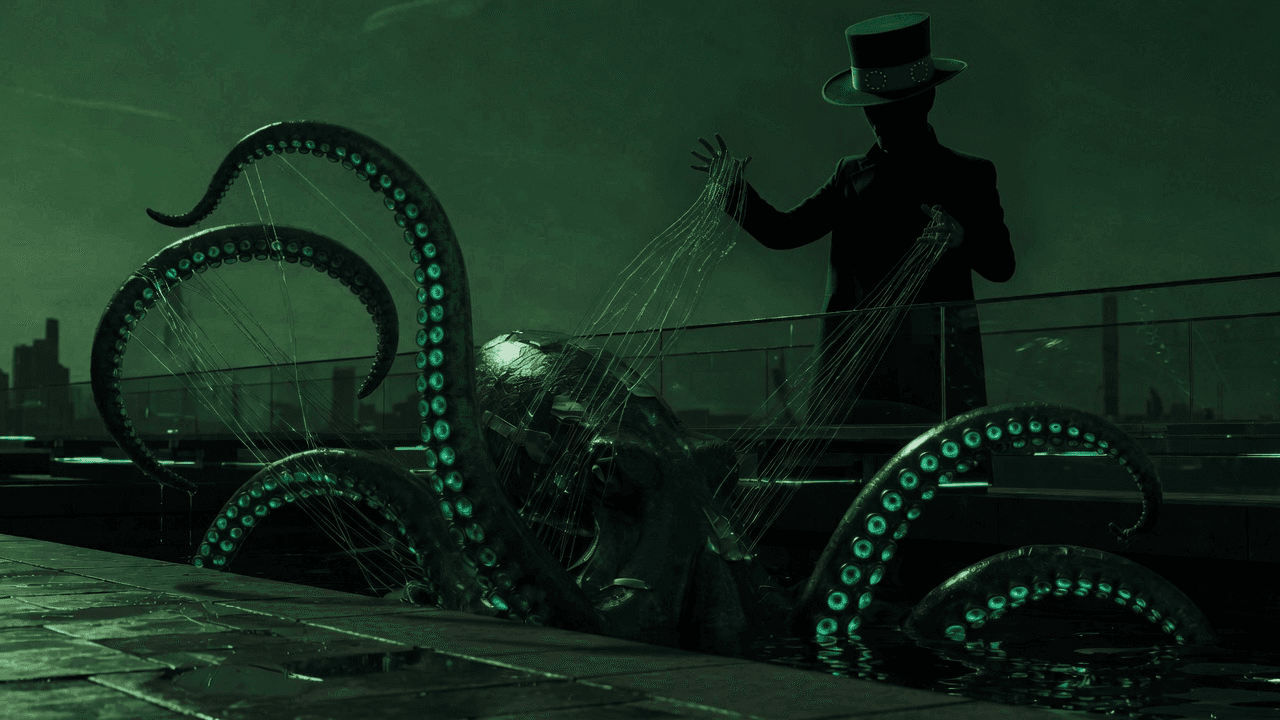 A blue cyberpunk kraken in a rooftop pool, fine cables from its tentacles pulled by a man in an EU-star top hat whose face sits in the hat's shadow
