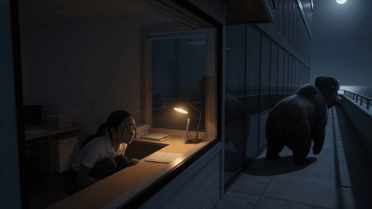 A worried woman cowering at a windowed office while a mighty bear in a Soviet chapka sneaks outside, not yet seeing her