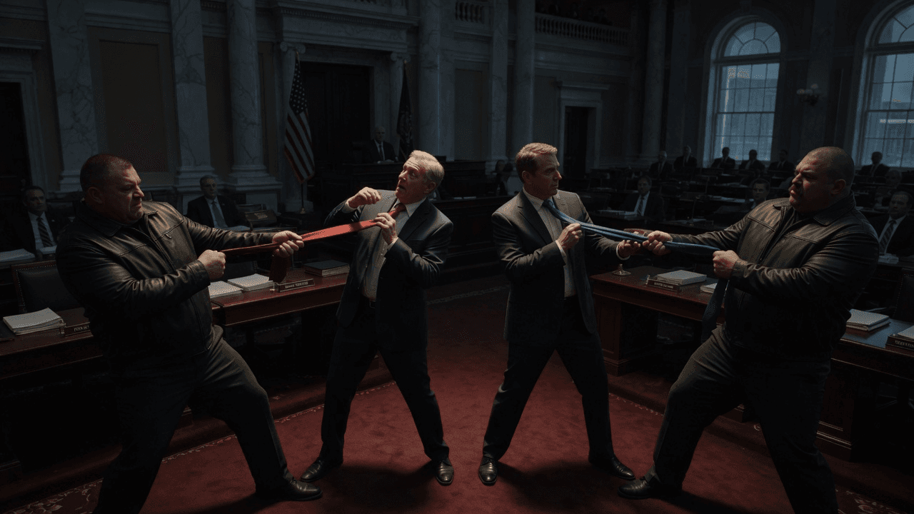 Two brutes on the left and right yank the ties of two US senators standing in the center of the Senate chamber